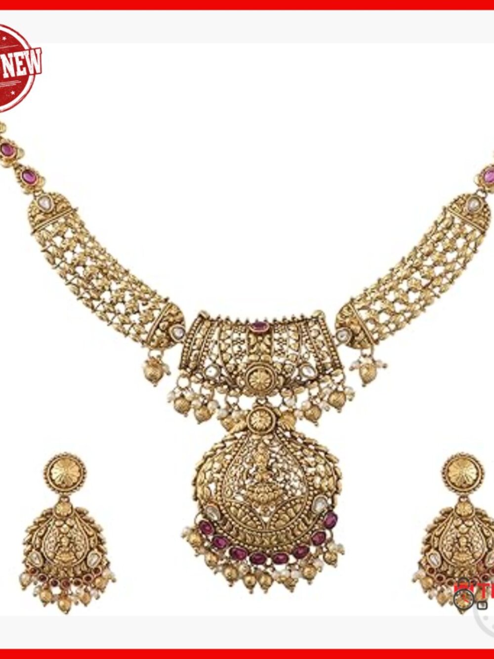 Antique Gold Plated Temple Jewelry Set Necklace Earrings Lakshmi Motif